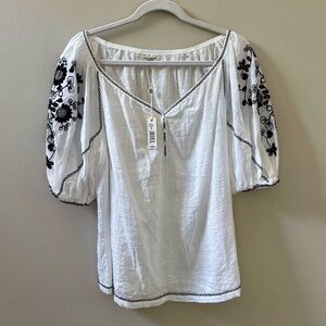 Max Studio V Neck Sunflower Embroidered Puff Sleeve Top Blouse Sz S